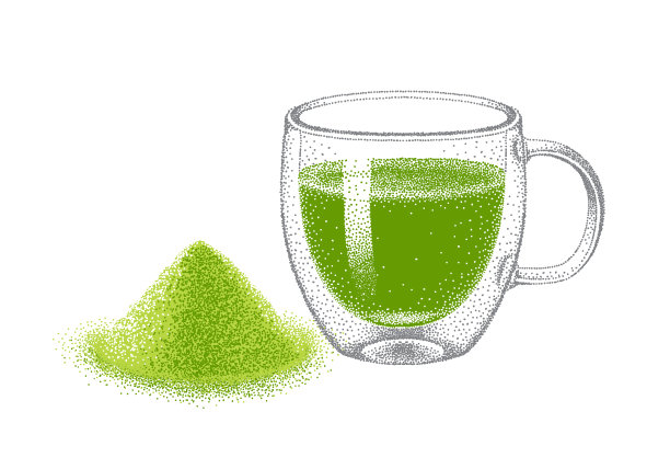 双层玻璃杯抹茶绿茶。绿茶粉。现实的草图。插图在复古风格，点彩主义。手绘向量。图片下载