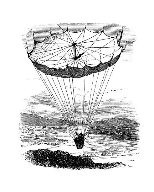 罗伯特·科金(1776 - 1837)花了许多年时间研发一种倒置的锥形降落伞，但在1837年的一次跳伞尝试中，降落伞在落地前破裂而死图片下载