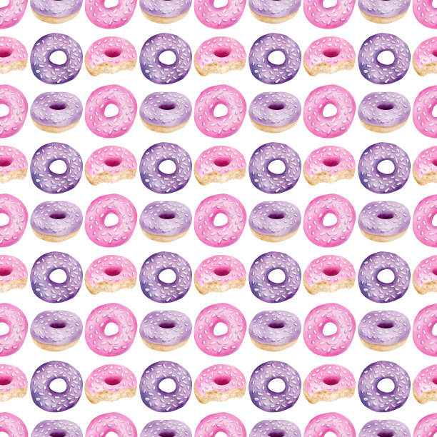 水彩甜甜圈无缝图案。手绘粉色和紫色甜甜圈与釉和洒背景孤立在白色上。为壁纸、印花、织物设计美味的甜点。图片下载