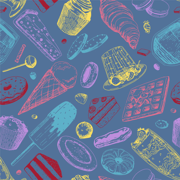 甜食无缝模式。各种美味甜点的点缀。矢量插图在素描风格。壁纸、装饰、包装、背景的复古设计。图片下载