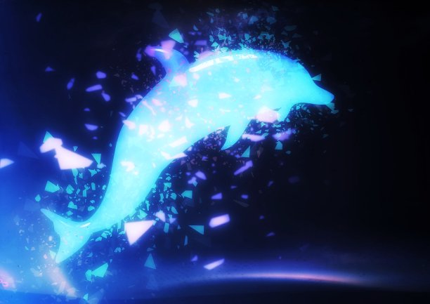 蓝色海豚的3D插图与飞溅跳跃图片下载