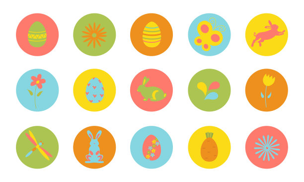 复活节的圆圈贴纸有兔子，花，蛋，叶子，叶子，蝴蝶。复活节图标设置在平坦的风格。图片下载