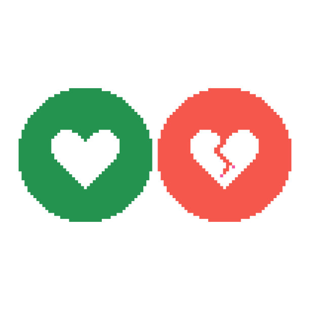 简单的矢量平面像素艺术集圆形绿色图标与整个心脏和圆形红色图标与破碎的心脏符号图片下载