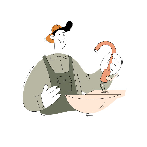 一个建筑工人的角色。卫生技师安装水槽上的水龙头。孤立在白色背景上的平面样式的矢量插图。图片下载