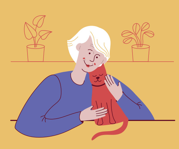 快乐微笑的老女人带着猫。图片下载