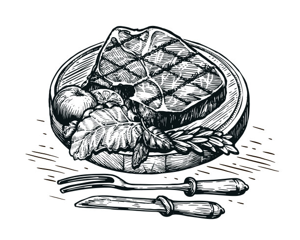 牛排烤草图。食品肉类手绘矢量插图雕刻风格绘画图片下载