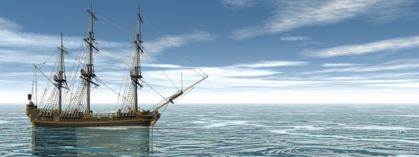 一艘独角兽船在水中- 3D渲染图片下载