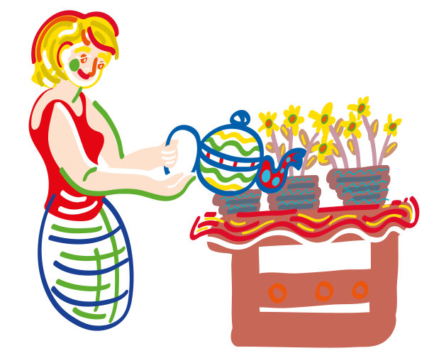 在花园里浇花的年轻女子。图片下载