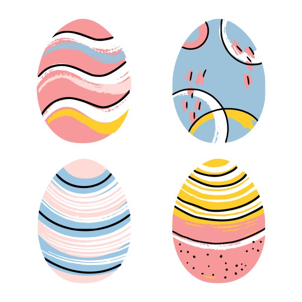 现代的4个复活节彩蛋与不同的装饰品。适用于贺卡，横幅，请柬，传单。图片下载