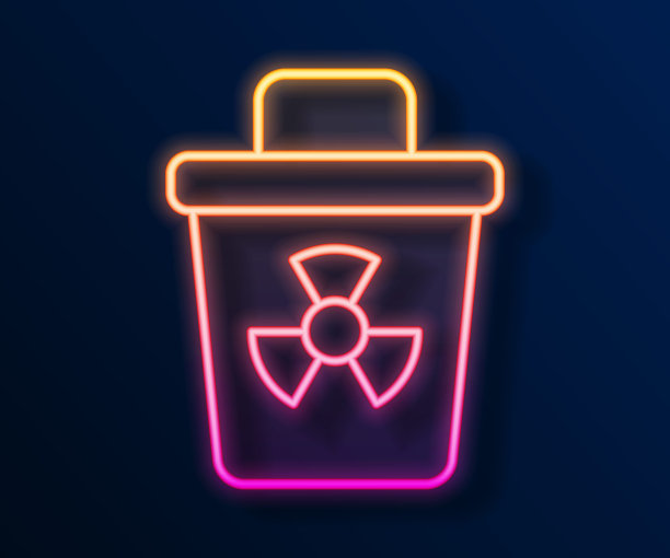 发光的霓虹灯线传染性废物图标孤立在黑色背景上。存放放射性废物的容器。垃圾站或者容器。Biohazardous物质。向量图片下载