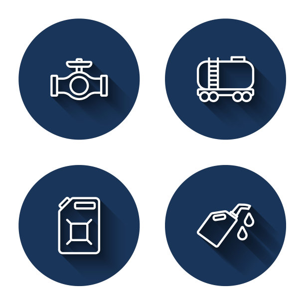 设有带阀门的油管、铁路油箱、带长影子的汽油机油罐。蓝色圆按钮。向量图片下载