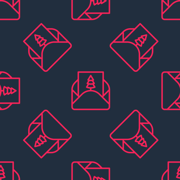 红线信封与圣诞派对邀请卡图标孤立无缝模式黑色背景。圣诞快乐，恭贺新禧。向量图片下载