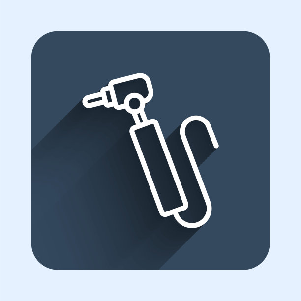 白线牙钻图标与长阴影背景隔离。牙科手机用于钻孔和研磨工具。蓝色方块按钮。向量图片下载