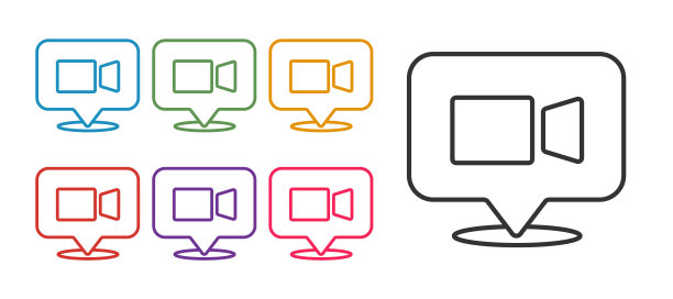 设置线路白背景隔离的视频会议图标。在线会议可以在家工作。远程项目管理。设置图标丰富多彩。向量图片下载