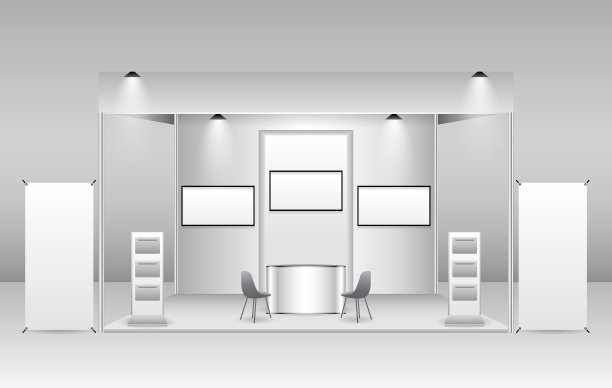 一套逼真的贸易展台或空白展台或企业商业展位。每股收益向量图片下载