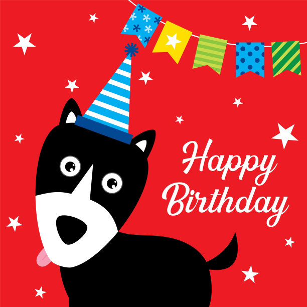 生日贺卡与可爱的狗设计在红色的背景图片下载