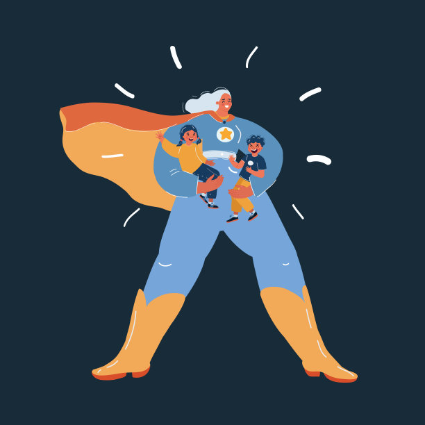 儿子和女儿挂在超级英雄妈妈强壮的手臂在黑暗的背景向量插图。图片下载