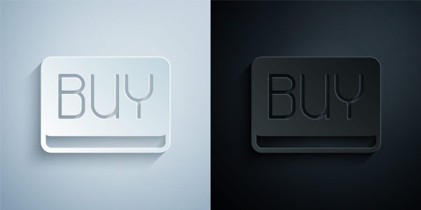 剪纸购买按钮图标孤立的灰色和黑色背景。金融和股票投资市场的概念。纸艺术风格。向量图片下载
