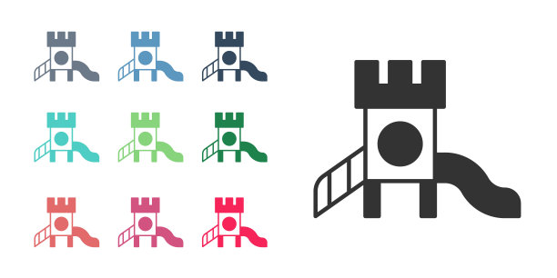 黑色幻灯片操场图标孤立在白色背景上。儿童幻灯片。设置图标丰富多彩。向量图片下载