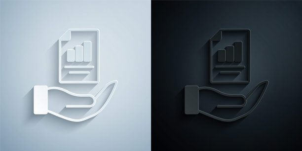 剪纸合同在手上的图标孤立在灰色和黑色背景。保险的概念。安全，安全，保护，保护理念。纸艺术风格。向量图片下载