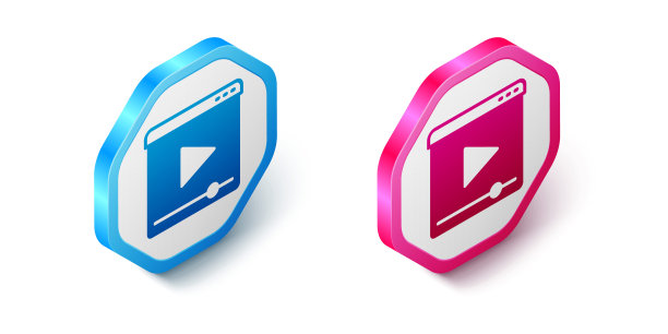 等距在线播放视频图标孤立在白色背景上。带游戏标志的电影带子。六角按钮。向量图片下载