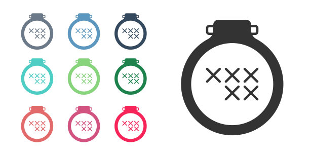 黑色圆形可调刺绣环图标孤立在白色背景。刺绣用的线和针。设置图标丰富多彩。向量图片下载