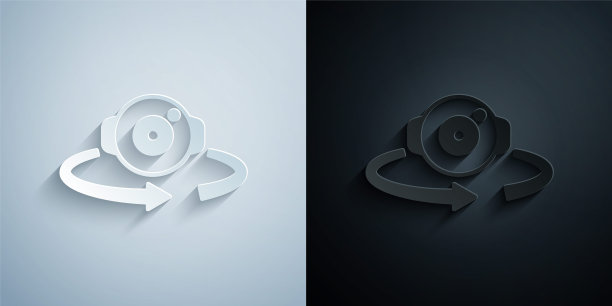 纸切360度视图图标孤立的灰色和黑色背景。虚拟现实。角度360度的相机。全景照片。纸艺术风格。向量图片下载