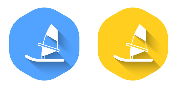 白色风帆图标孤立与长阴影背景。圆按钮。向量图片下载