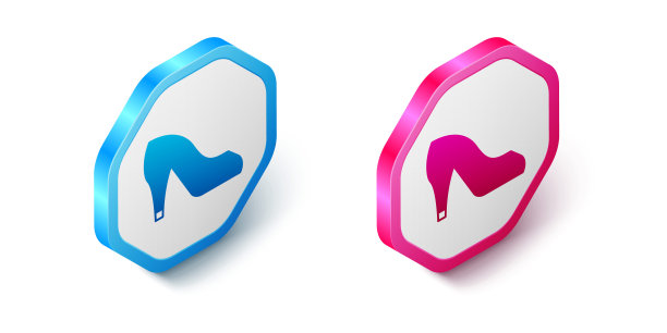 等距女鞋与高跟图标孤立在白色背景。六角按钮。向量图片下载