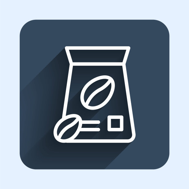 白线袋咖啡豆图标孤立与长阴影背景。蓝色方块按钮。向量图片下载