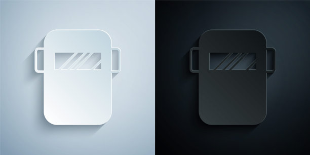 纸割保护焊接面罩头盔图标孤立在灰色和黑色背景。防护服和工具工人。纸艺术风格。向量图片下载