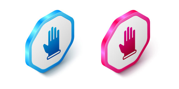 等距橡胶手套图标孤立在白色背景上。乳胶手保护标志。家务清洁设备符号。六角按钮。向量图片下载