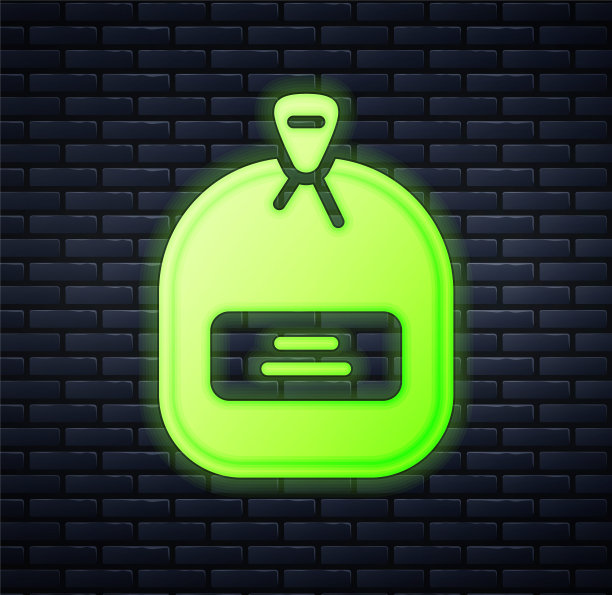 发光的霓虹灯包充满种子的特定植物图标孤立在砖墙背景上。向量图片下载