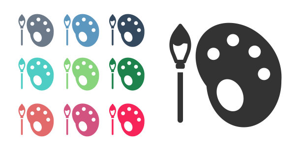 黑色油漆刷与调色板图标孤立在白色背景。设置图标丰富多彩。向量图片下载