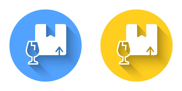 白色快递包裹盒与易碎内容符号，破碎玻璃图标孤立与长阴影背景。盒子，包裹，包裹标志。圆按钮。向量图片下载