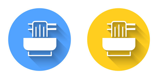 白色亚洲面条碗和筷子图标孤立与长阴影背景。街头快餐。韩国、日本、中国菜。圆按钮。向量图片下载