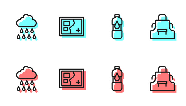 设置线瓶水，云与雨，折叠地图和厨房围裙图标。向量图片下载