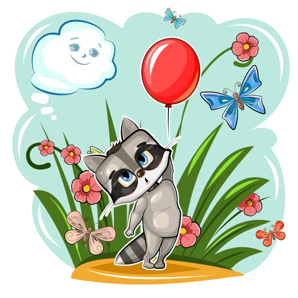 有趣可爱的浣熊带着一个红色的气球起飞了。夏天的草地上满是鲜花和蝴蝶。有趣的小动物。卡通风格。对儿童插图。孤立的白色背景。向量图片下载