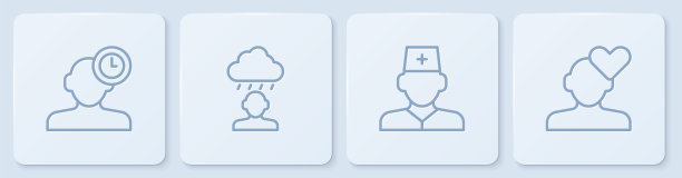 设定线失眠，男医生，抑郁沮丧和心碎离婚。白色正方形按钮。向量图片下载