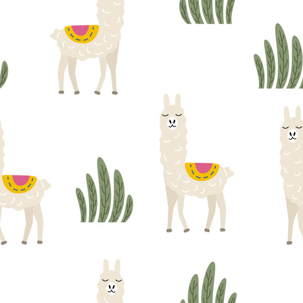 无缝图案与羊驼和叶在白色背景图片下载