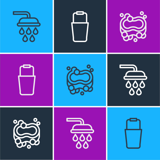 设置直线淋浴、肥皂条和桑拿桶图标。向量图片下载