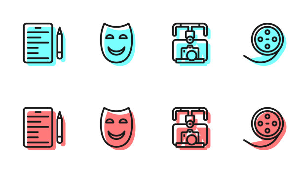 设置线万向节稳定器与相机，场景，喜剧戏剧面具和电影卷轴图标。向量图片下载