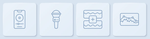 设置线音乐播放器，均衡器，麦克风和。白色正方形按钮。向量图片下载