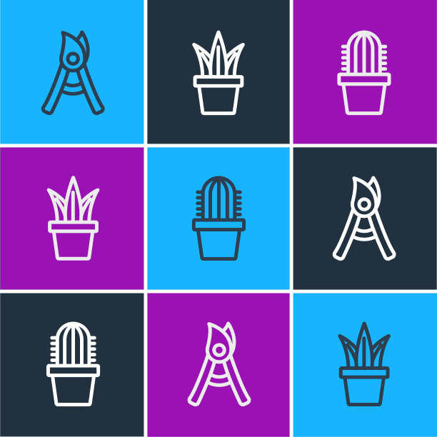 设置线园艺手工剪刀，仙人掌仙人掌花盆和植物图标。向量图片下载