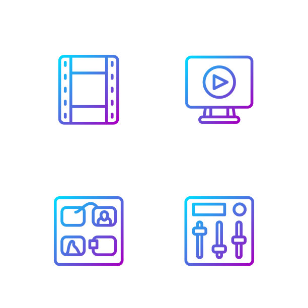 设置线混音控制器，故事板，播放视频和在线播放视频。渐变颜色图标。向量图片下载