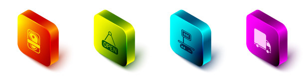 设置等距肉类包装牛排，悬挂标志与开放，电子秤和货运卡车图标。向量图片下载