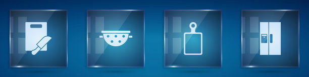 设置切菜板和刀，厨房滤锅和冰箱。方形玻璃面板。向量图片下载