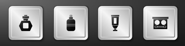 设置香水，霜或乳液化妆品管和眼影调色板图标。银广场按钮。向量图片下载