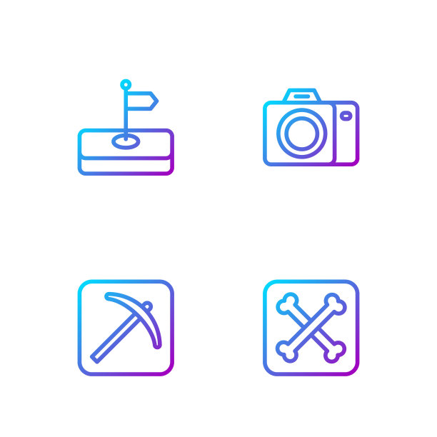 设置线考古学，鹤嘴锄，旗帜和照片相机。渐变颜色图标。向量图片下载