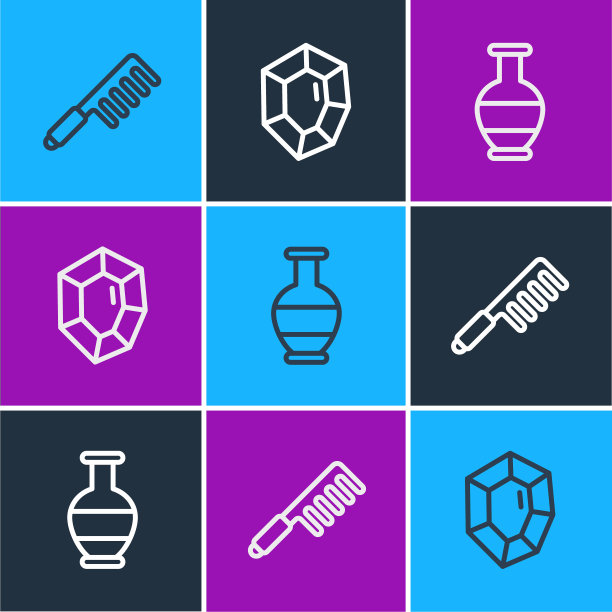 设置线毛刷，古代双耳罐和宝石石图标。向量图片下载